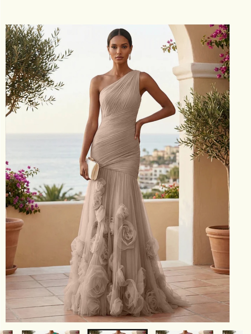 Dreamylily BWT One-Shoulder khaki Floral Appliqué Evening Gown
